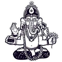 Vector illustration of Ganesha. Hindu god elephant Ganesha. Lineart.