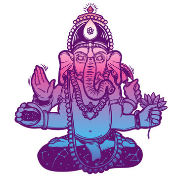Vector illustration of Ganesha. Hindu god elephant Ganesha. Lineart.