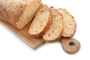 Wooden board with sliced fresh tasty bread on white background