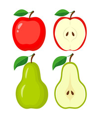 Whole and half red apple and green pear. Vector illustration iso