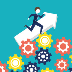businessman running for the success on colorful gear wheels over blue background, vector illustration