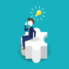 businessman sitting and thinking over blue background, colorful design. vector illustration