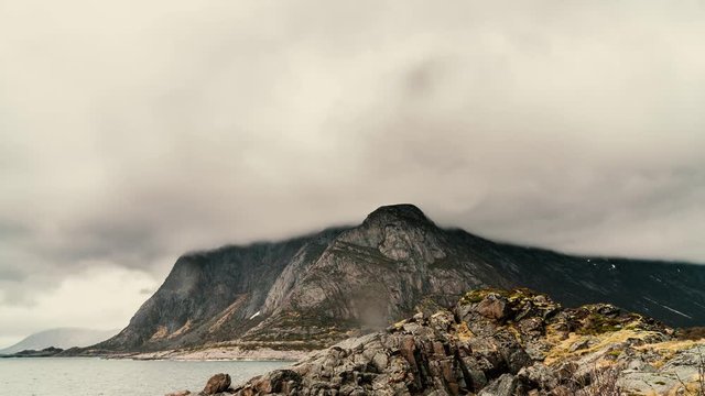 Time lapse at Rorvikstranda beach and Gimsoystraumen fjord near Henningsvaer at Lofoten Islands / Norway