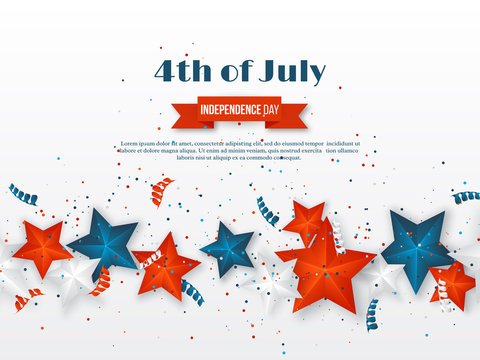 4th of July - Independence day of America. American holiday background. 3d stars in national colors with serpentine and confetti., vector illustration.