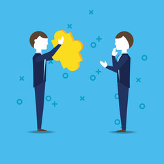 businessmen with puzzle piece over blue background, colorful design. vector illustration