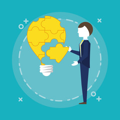 cartoon businessman with puzzle in bulb shape over blue background, colorful design. vector illustration