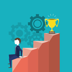 businessman sitting on the stairs and trophy cup on the top over blue background, colorful design. vector illustration
