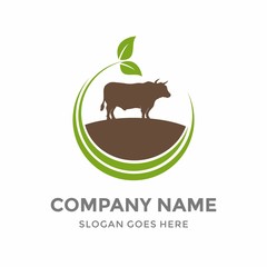 Cow Food Bull Silhouette Land Harvest Garden Organic Green Plant Nature Farm Agriculture Business Company Stock Vector Logo Design Template 