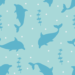 vector seamless background pattern with funny baby dolphins for fabric, textile