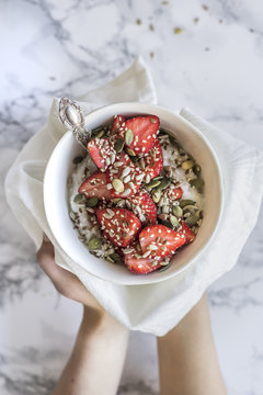 Healthy Breakfast Bowl with Strawberries & Seeds