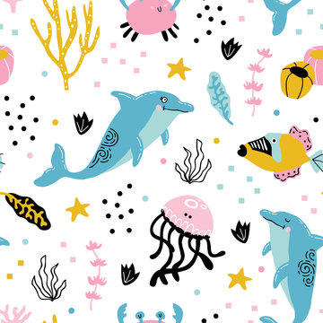 vector seamless background pattern with funny baby dolphins for fabric, textile