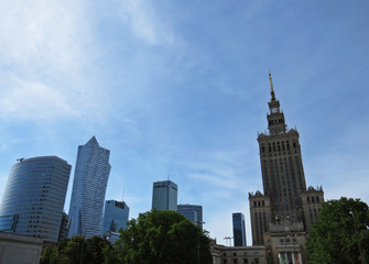 Fototapeta na wymiar View at Palace of Culture and Science in Warsaw with Surrounding Skyscrapers of Business Center Downtown, Poland