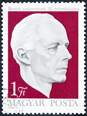 A stamp printed in Hungary shows a portrait image of Bartok Szuletesenek