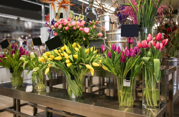 Fototapeta na wymiar Assortment of beautiful tulips in flower shop
