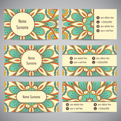 Set of business cards with floral mandala ornaments. Vector illustration