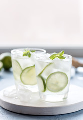 Healthy Lemonade Lime with Fresh Mint and Ice in a Glass on Blue Background Tasty Homemade Detox Water Infused Water Vertical