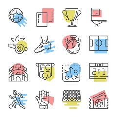 colored soccer and football thin line icon set
