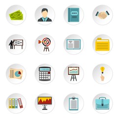 Business strategy icons set. Flat illustration of 16 business strategy vector icons set illustration