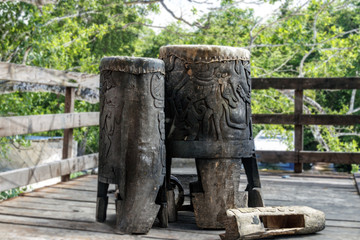Carved wooden ritual drums of the Mayans