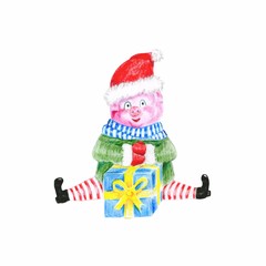 Symbol of the year 2019, christmas watercolor piggy, in a coat, a hat with gifts. New Year, packaging, invitation.