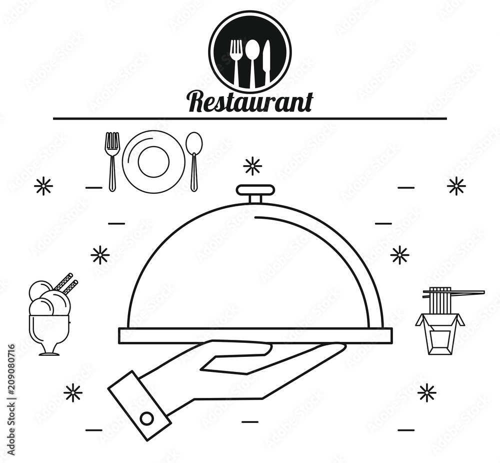 Poster hand holding dish dome restaurant and food concept vector illustration graphic design