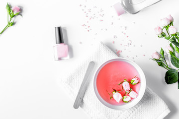 salt and cream for nail care in spa top view