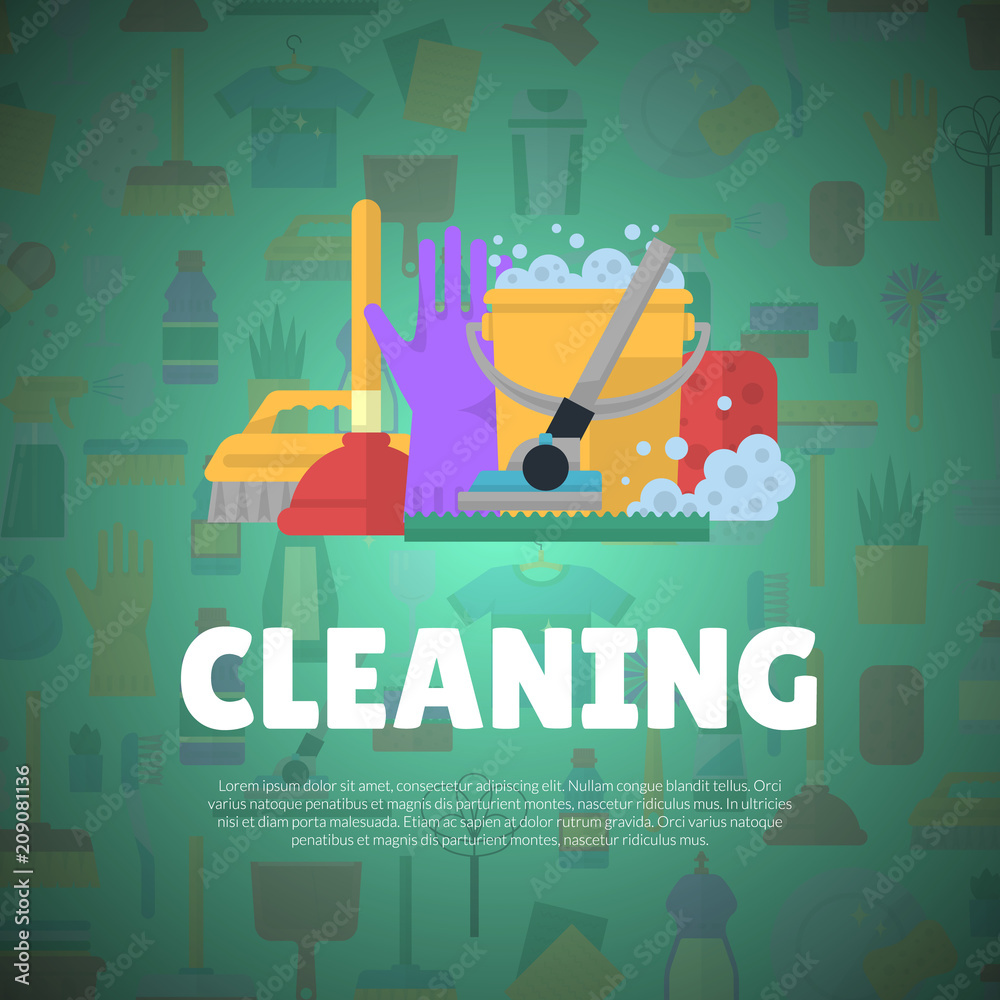 Sticker Vector cleaning flat icons background with place for text illustration