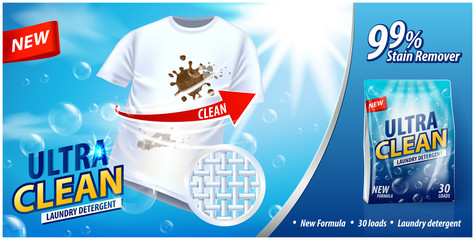 Laundry detergent, stain remover ad vector template. Ads poster design on blue background with white t-shirt and stains