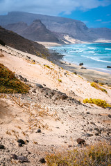 Stunning desolate landscape of sand dunes and desert plants in front of ocean waves on Baia Das Gatas in background. North of Calhau, Sao Vicente Island Cape Verde