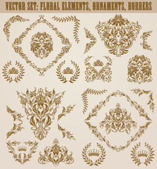 Set of gold damask ornaments. Floral element, ornate border, corner, crown, frame, laurel wreath for design. Page, web royal decoration on black background in vintage style. Vector illustration.