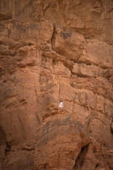 Brave young girl standing high up on a cliff