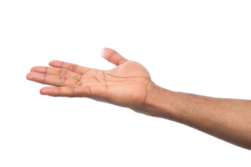 Man holding palm open isolated on white