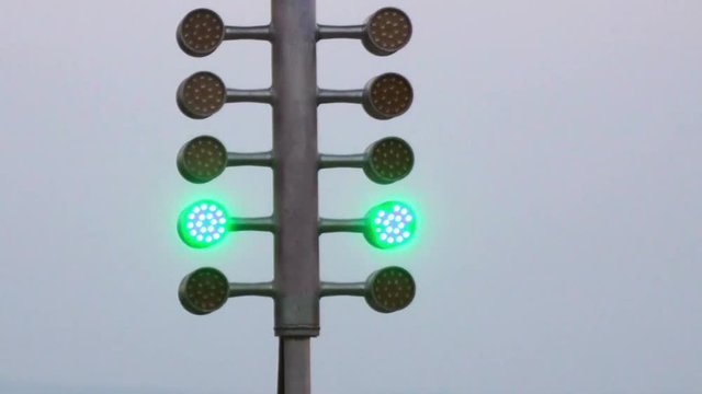 Drag racing street tree light. Stage lamp signal at quarter mile circuit.
