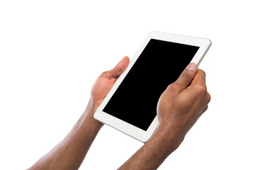 Black man holding digital tablet isolated on white background