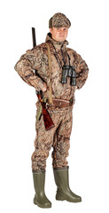 Full length portrait of a male hunter with double barreled shotgun Isolated on white background. hunting and people concept.