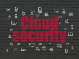 Privacy concept: Painted red text Cloud Security on Black Brick wall background with  Hand Drawn Security Icons