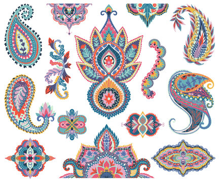 Naklejki Paisley set. Oriental decorative design elements for fabric, prints, wrapping paper, card, invitation, wallpaper. Vector illustration 