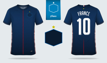 Naklejka premium Soccer jersey or football kit template design for France national football team. Front and back view soccer uniform. Football t shirt mock up with flat logo design. Vector Illustration