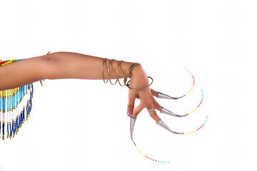 Asian woman in traditional costume of Southern Thailand. Nora dance show.Show dance arm position stretch out to the body side. Each finger nail wear color bead for beautiful dance.