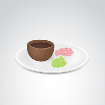 Sushi sauce, ginger and wasabi vector icon. 