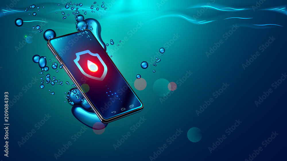 Aufkleber black smartphone fall in water. mobile smart phone sinks underwater surface. electronic waterproof o