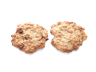 Delicious oatmeal cookies on white background