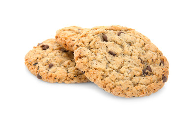 Delicious oatmeal cookies on white background