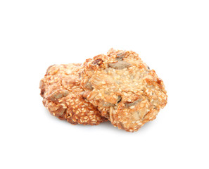 Delicious oatmeal cookies on white background