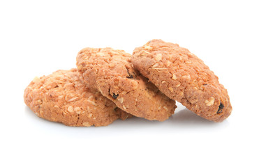 Delicious oatmeal cookies on white background