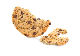 Delicious crushed oatmeal cookie on white background
