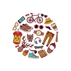 Vector hipster doodle icons in circle shape illustration
