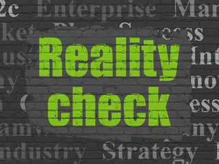 Finance concept: Painted green text Reality Check on Black Brick wall background with  Tag Cloud