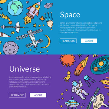 Vector hand drawn space elements horizontal web banners illustration