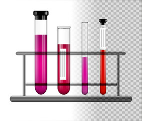 Test tubes with liquid on a glass stand. Transparent glass flasks with cap. Vector illustration.